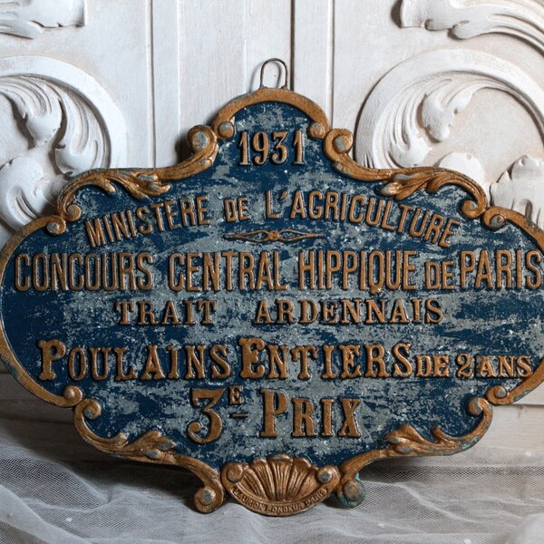 Antique french large agricultural prize award plaque for horses. Equestrian dark blue gold Rustic Farmhouse Shabby french country decor