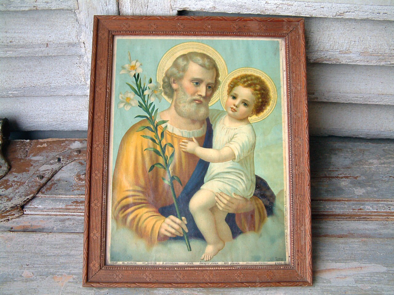 Ancien Allemand Chromo Lithographie de Saint Joseph et Enfant Jésus. Années 1920. Cadre en Bois Scul