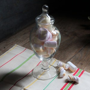 French vintage glass pedestal candy jar with lid. Pharmacy jar. Footed glass jar with lid. French brocante style decor