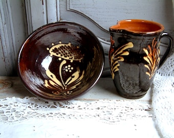 French vintage rustic glazed pottery bowl and pitcher. French rustic glazed pottery Savoie region farmhouse pottery. French country decor