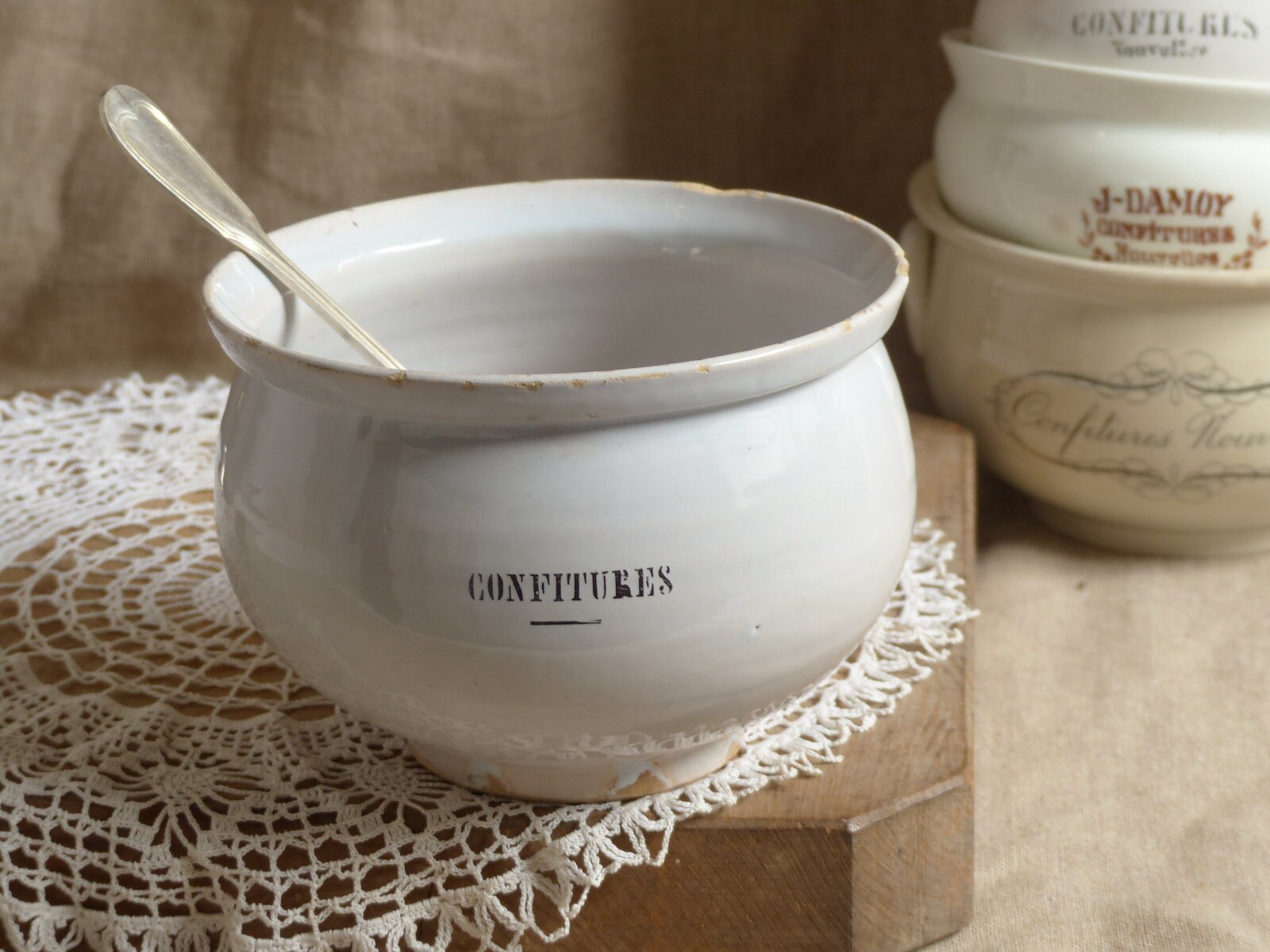 Rare La Poterie Antique Français Émail Blanc Conserve Le Pot. Pot de Confiture Antique. Français Pot