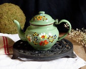 French vintage green enamel small tea pot. Handpainted flowers. French graniteware coffee pot French country. Rustic farmhouse kitchen decor