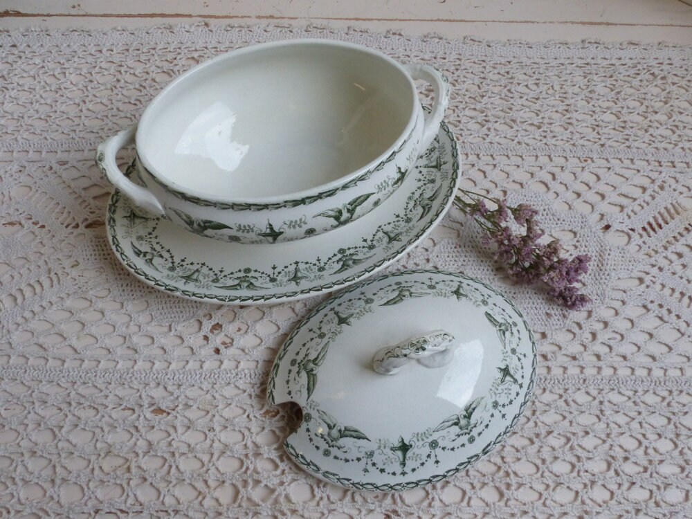 Antique french green transferware gravy boat. Sauce boat. Etsy