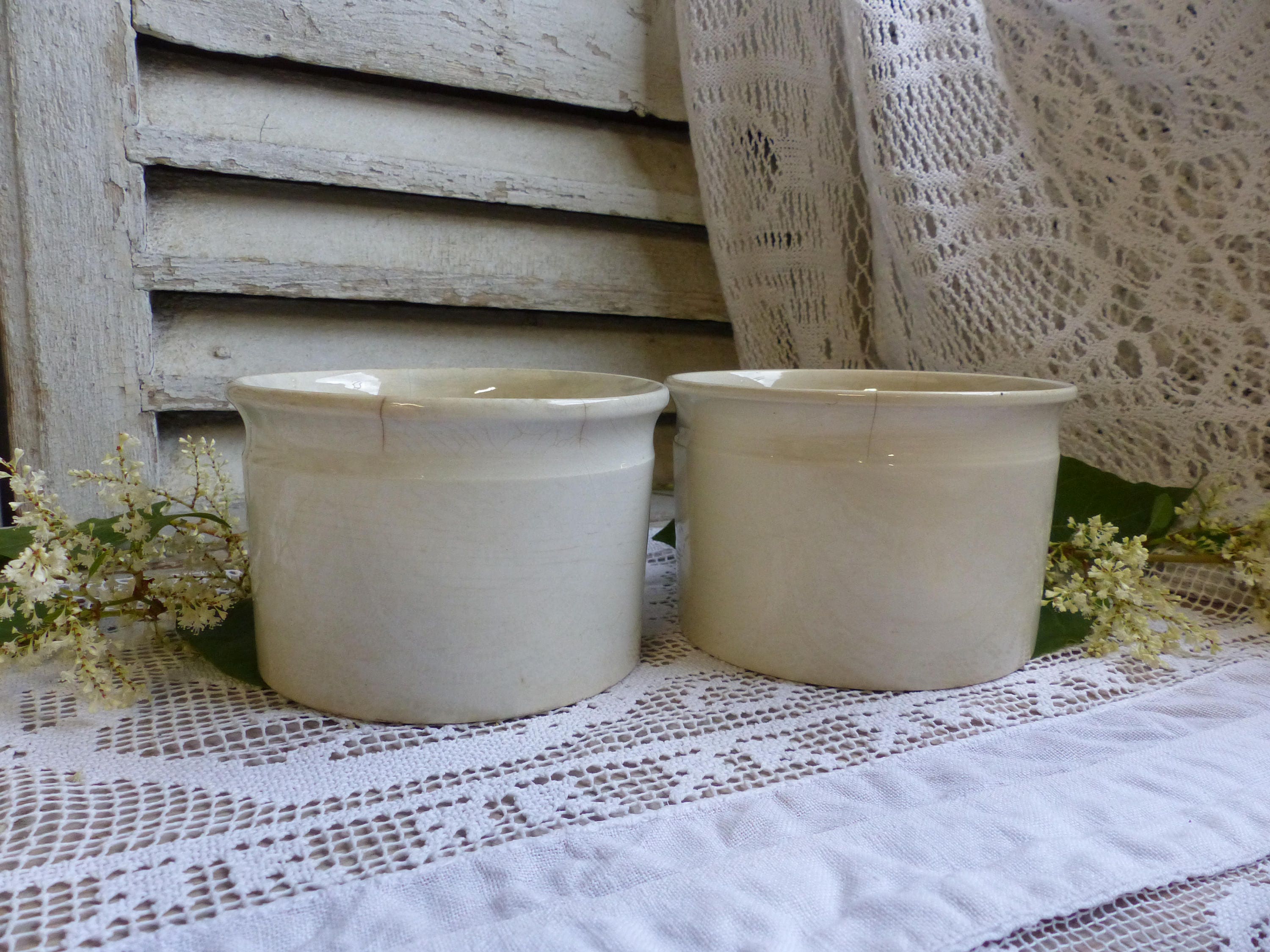 Lot de 2 Anciens Français Pot Confiture Minerai Fer. Thé Teinté Ironstone Conserve Bocal. Grès Antiq