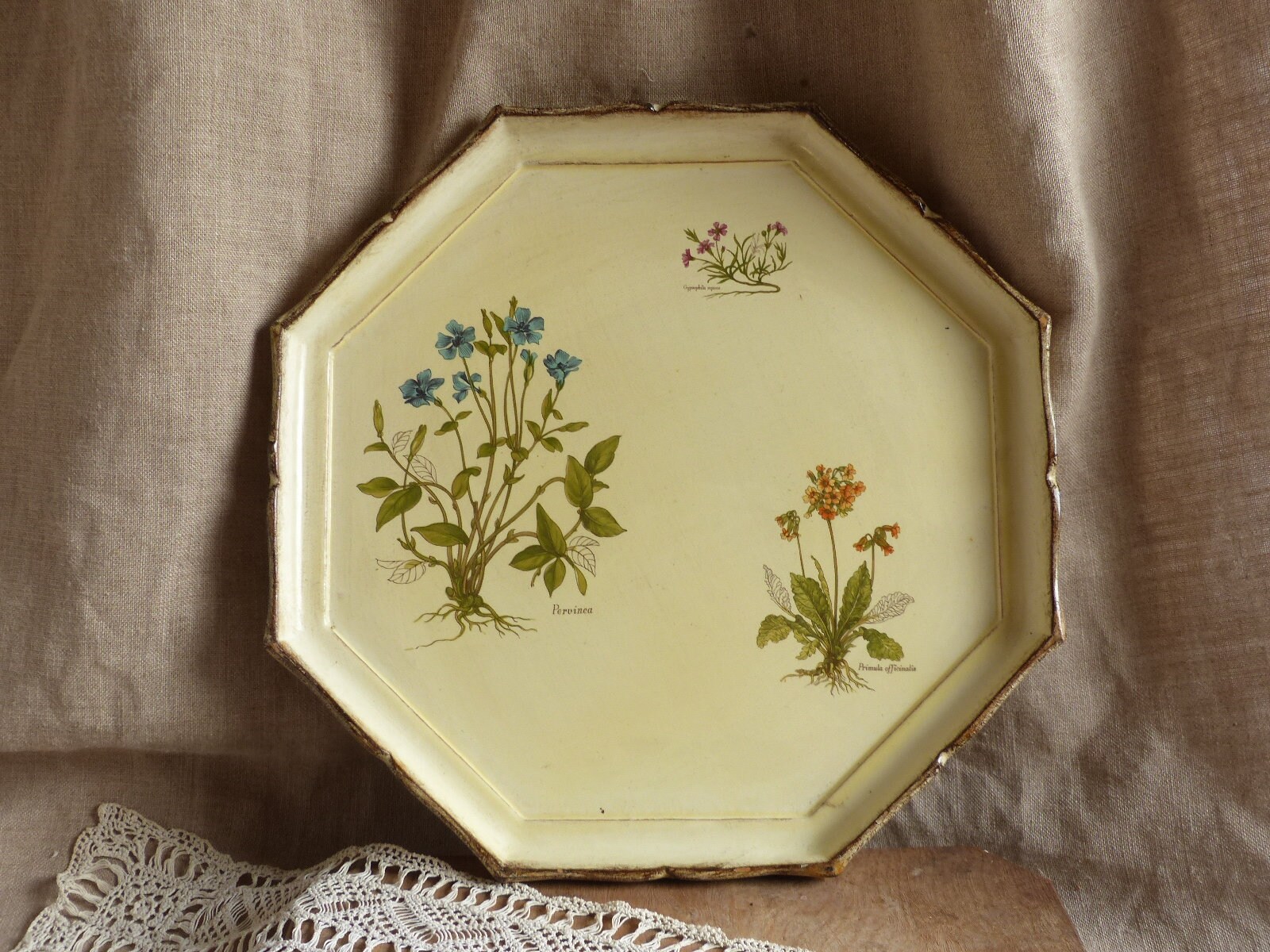 Plateau à Thé Florentin Octogonal Vintage. Plateau Italien Vintage Ivoire. Imprimés Botaniques de Fl