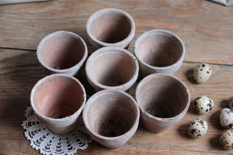 Set of 7 Vintage french small clay pots. Garden Wedding. Indoor garden. French country. Rustic tealights. Farmhouse. Conservatory seed pots image 5