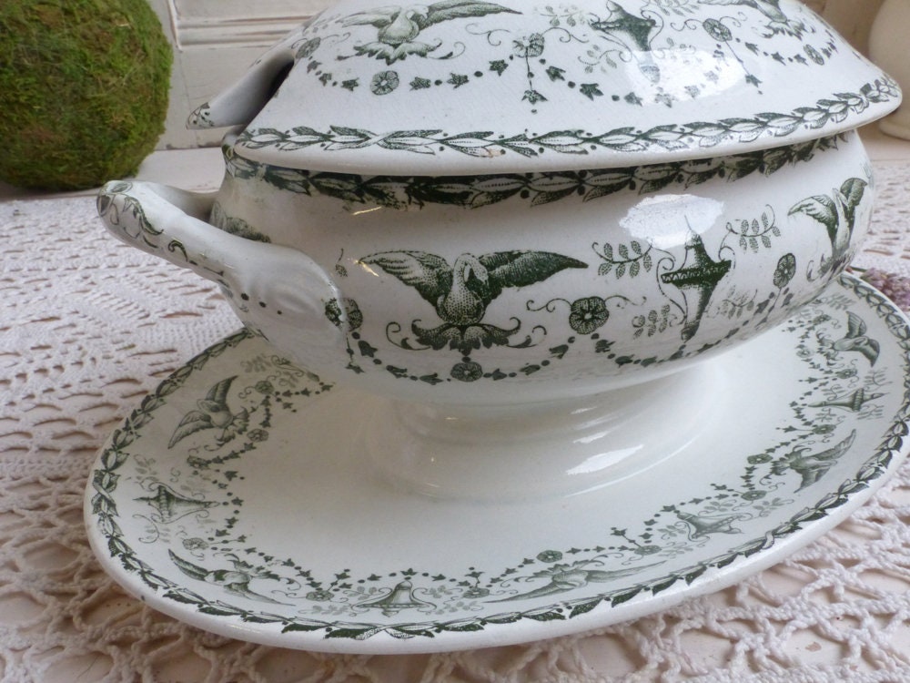 Antique french green transferware gravy boat. Sauce boat. Etsy