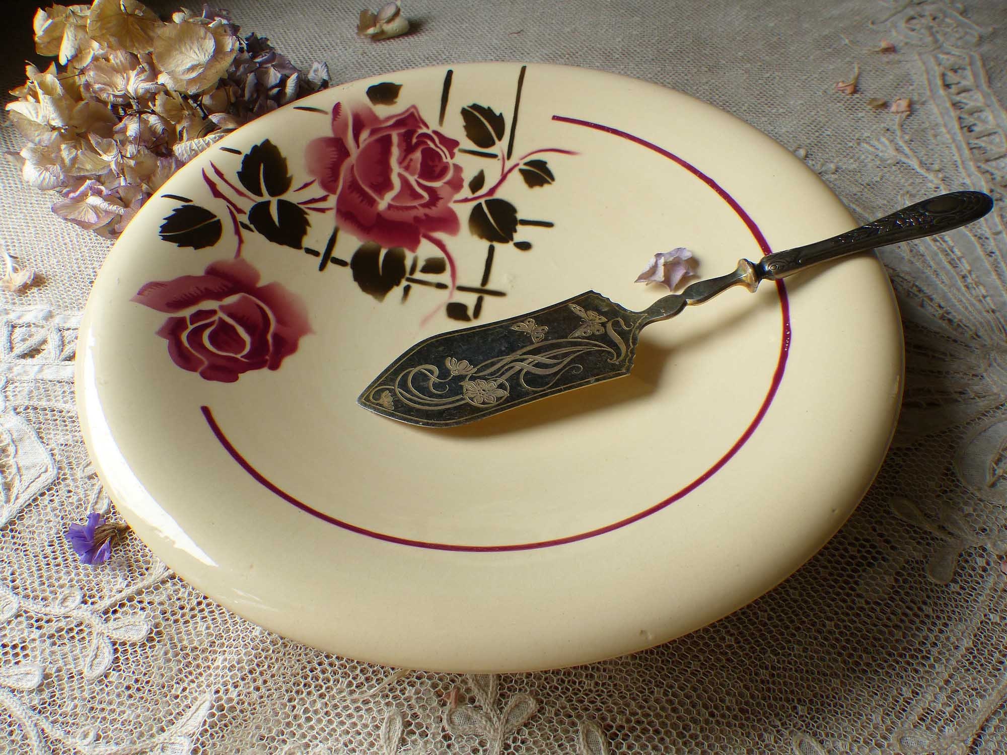 Français Grand Bol de Service Pochoir Vintage Pochoir. Plateau Gâteaux. Pudding. Rose Foncée, Brune,