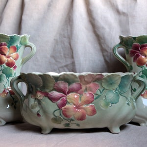 Set of 3 Antique french majolica Art Nouveau jardiniere with matching vases  Majolica planter. Nasturtiums Green pink. Cottage garden