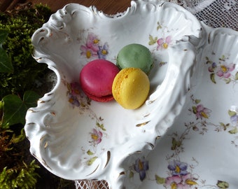 Antique french porcelain two sided serving dish. Handpainted lavender pink flowers candy dish. Small cakes platter. Pastry. Shabby Cottage