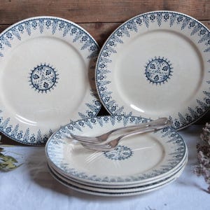 Set of 6 Antique french navy blue transferware ironstone dessert plates Teastained antique french transferware small plates
