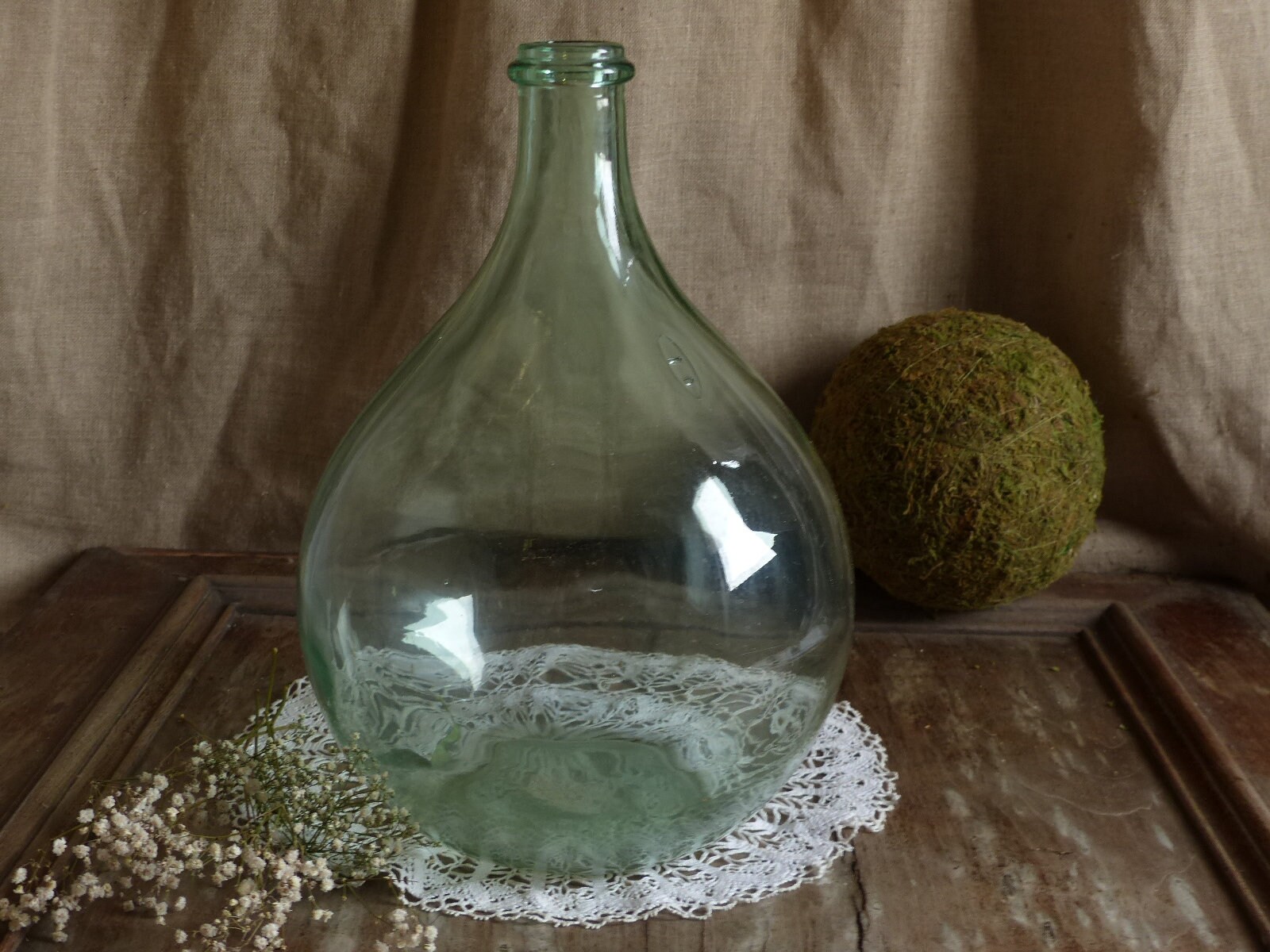 Antique Français Demi John en Verre Vert. Bouche Soufflée Verre. Verre Français Bouteille de Stockag