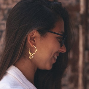 Original hoop earrings, handcrafted silver earrings with a melted and organic gold-plated effect, inspired by the Mediterranean. image 1
