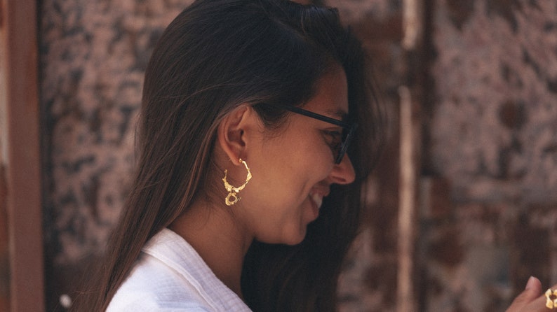 Original hoop earrings, handcrafted silver earrings with a melted and organic gold-plated effect, inspired by the Mediterranean. image 1