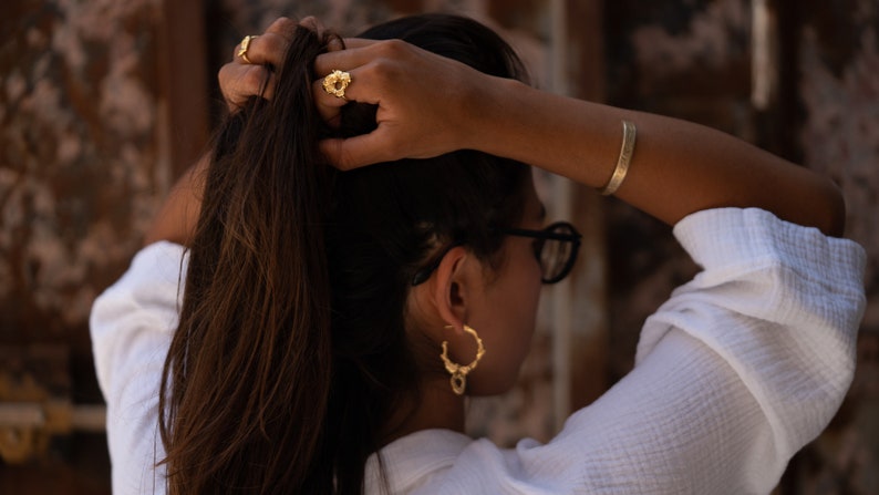 Original hoop earrings, handcrafted silver earrings with a melted and organic gold-plated effect, inspired by the Mediterranean. image 2