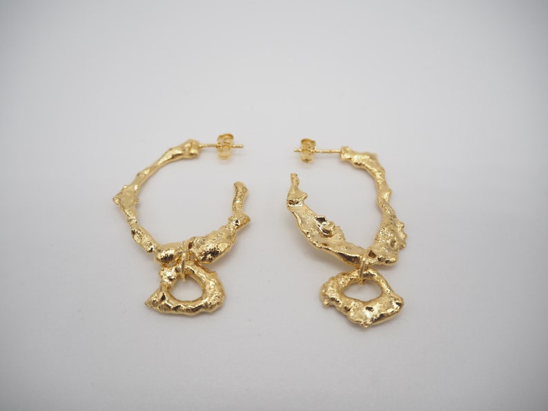 Original hoop earrings, handcrafted silver earrings with a melted and organic gold-plated effect, inspired by the Mediterranean. image 6