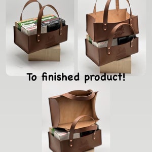May include: A brown leather tote bag with two handles. The bag is filled with boxes of ammunition. The bag is sitting on a wooden block. The text "To finished product!" is written below the image.
