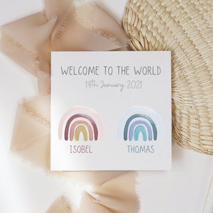 New Baby Twins Card, Personalised Rainbow Welcome To The World Card, Baby Twins Card