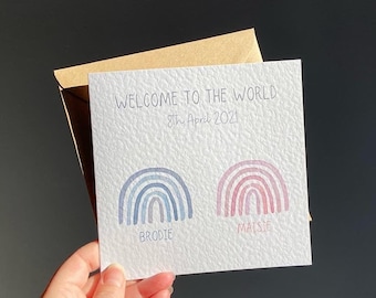 Personalised New Baby Twins Card, Rainbow Welcome Card