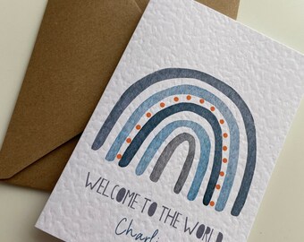 Personalised New Baby Boy Card, Blue Rainbow Design