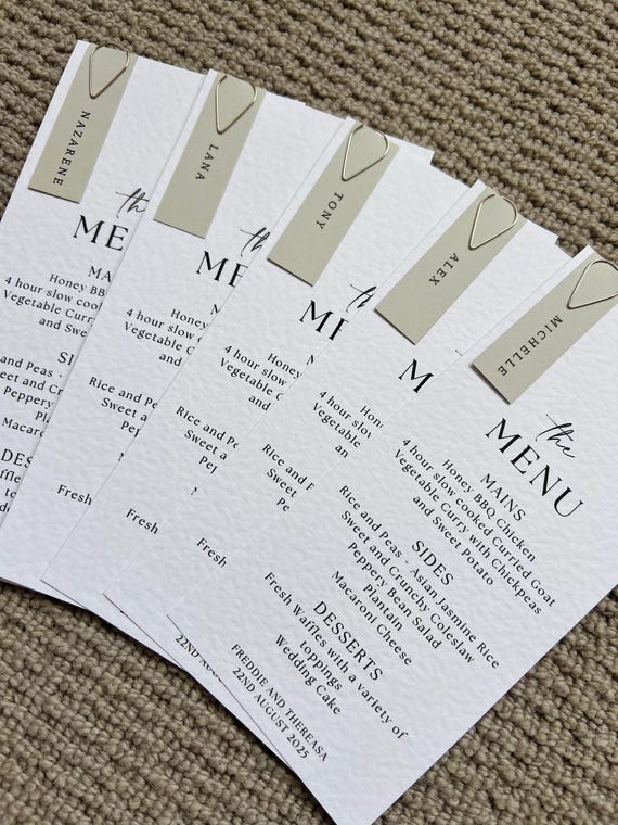 Wedding Menu, Personalised Place Cards, Modern Wedding Food Menu
