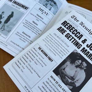 May include: A black and white wedding announcement with a photo of the couple. The announcement includes the text "Rebecca & John Are Getting Married" and "The Best Day Ever".