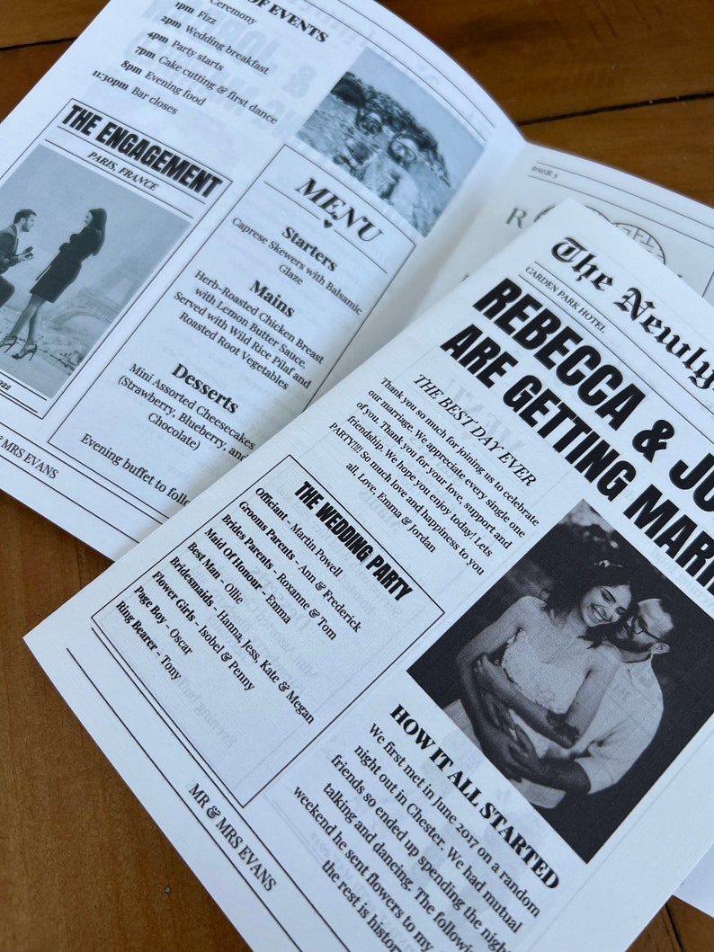May include: A black and white wedding announcement with a photo of the couple. The announcement includes the text "Rebecca & John Are Getting Married" and "The Best Day Ever".