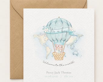 Personalised New Baby Boy Card, Hot Air Balloon Keepsake Baby Card
