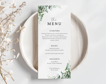 Eucalyptus Wedding Menu Cards | Printed Wedding Menu | Greenery Wedding Stationery | Botanical Reception Menu | Rustic Wedding