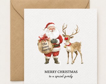 Family Christmas Cards, Santa and Reindeer Personalised Family Name Card
