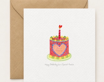 Birthday Card for Auntie, Personalised Aunt Birthday Card, Auntie Birthday Gift, Whimsical Cake Card