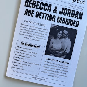 May include: A wedding announcement in the style of a newspaper, with a black and white photo of the couple. The headline reads "Rebecca & Jordan Are Getting Married." The announcement includes details about the wedding party and how the couple met.