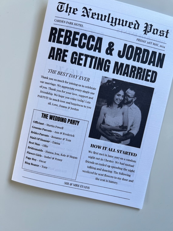 Printed Wedding Newspaper Program, Personalized Keepsake Favors