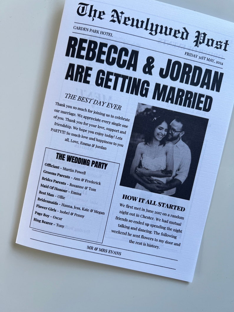 May include: A wedding announcement in the style of a newspaper, with a black and white photo of the couple. The headline reads "Rebecca & Jordan Are Getting Married." The announcement includes details about the wedding party and how the couple met.