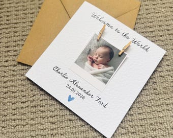 Personalized Photo New Baby Card, Polaroid Keepsake with Wooden Pegs