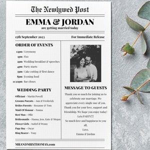 May include: A black and white newspaper announcement for a wedding. The headline reads "The Newlywed Post" with the couple's names "Emma & Jordan" and the date "15th September 2023". The announcement includes the order of events for the wedding day and a message to guests from the couple.