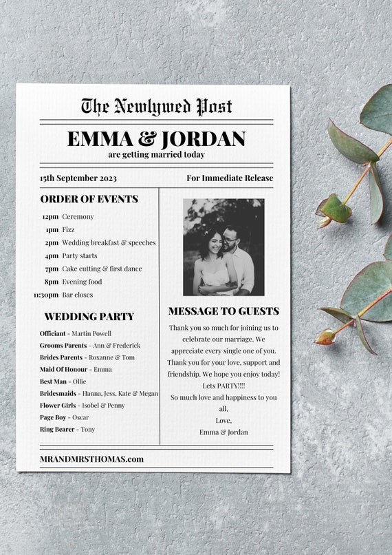Wedding Newspaper PRINTED, Personalised Wedding Programme, Wedding Favours