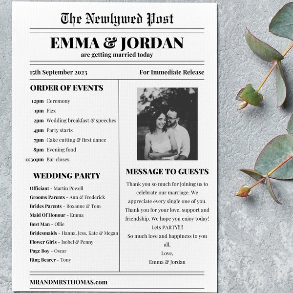 Wedding Newspaper Template, Personalised Wedding Programme, Wedding Favours