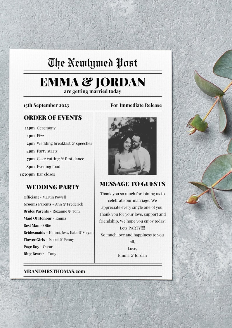 Wedding Newspaper PRINTED, Personalised Wedding Programme, Wedding Favours image 1
