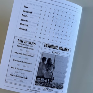 May include: A black and white photo of a couple sitting on a swing on a beach. The text "MR & MRS EVANS" and "JUNE 2022" is below the photo. The text "FAVOURITE HOLIDAY" and "JAMAICA" is above the photo.