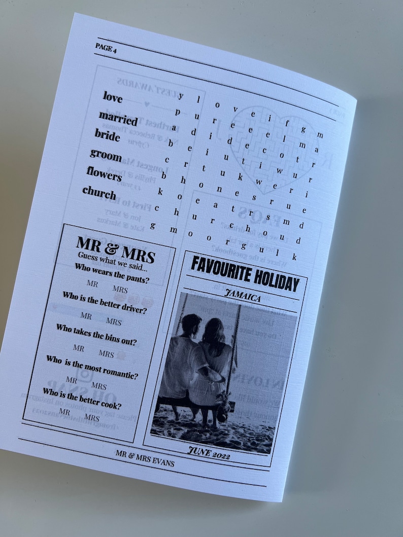 May include: A black and white photo of a couple sitting on a swing on a beach. The text "MR & MRS EVANS" and "JUNE 2022" is below the photo. The text "FAVOURITE HOLIDAY" and "JAMAICA" is above the photo.