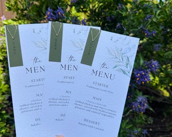 Elegant Botanical Wedding Menu | Personalised Wedding Menu Card | Minimalist Greenery Menu | Name Tag Place Card