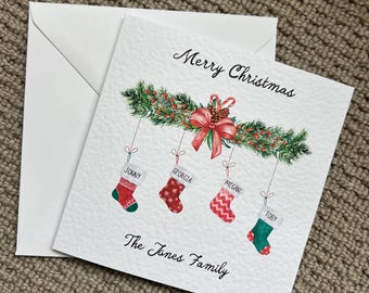 Personalised Family Christmas Card with Stockings, Custom Festive Greeting Card