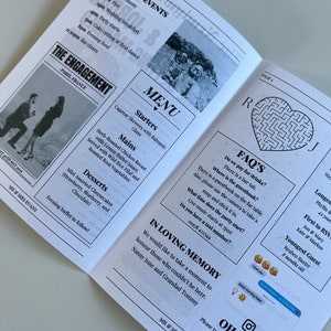 May include: A wedding invitation with a black and white design. The front cover features a photo of a couple in a romantic setting. The back cover includes a menu, order of events, and frequently asked questions. The text on the cover reads "The Engagement" and "Paris, France".