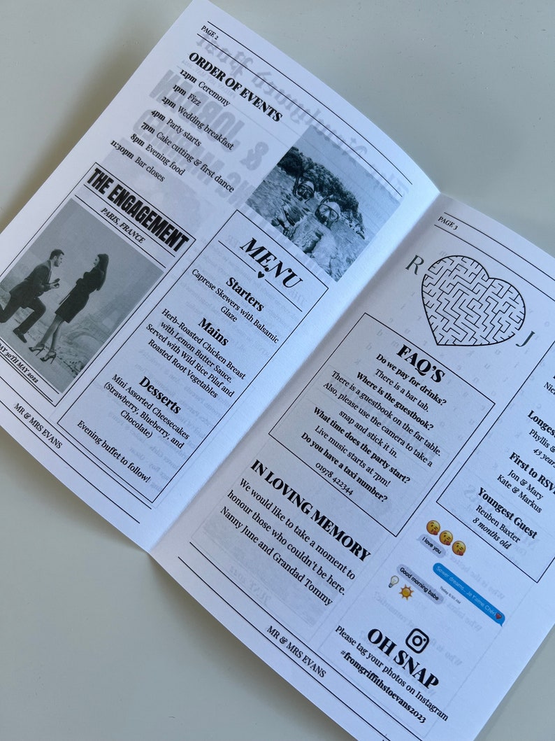 May include: A wedding invitation with a black and white design. The front cover features a photo of a couple in a romantic setting. The back cover includes a menu, order of events, and frequently asked questions. The text on the cover reads "The Engagement" and "Paris, France".