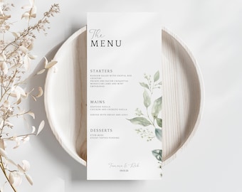 Greenery Wedding Menu Cards | Printed Wedding Menu | Greenery Wedding Stationery | Botanical Reception Menu | Rustic Wedding