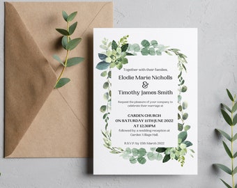 May include: A wedding invitation with a floral border and a matching brown envelope. The invitation includes the names Elodie Marie Nicholls and Timothy James Smith, along with the wedding date, time, and location. The invitation is decorated with green and blue watercolor leaves.
