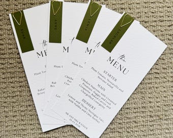 Olive Wedding Menu, Personalised Place Cards, Modern Wedding Food Menu