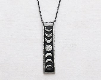 Sterling Silver Moon Phase Pendant Necklace: original hand hammered Lunar Necklace