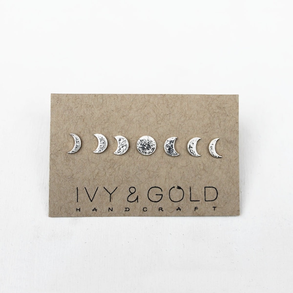 Sterling Silver Phases of the Moon Stud Earring Collection. Moon Phase Jewelry. Lunar Inspired Earrings. Mix and Match. Mismatched Earrings